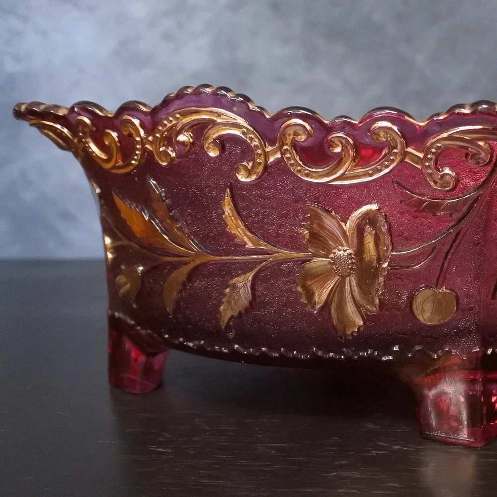 Antique Victorian US Glass Cranberry Flash Gold Floral Embossed Footed Bowl
